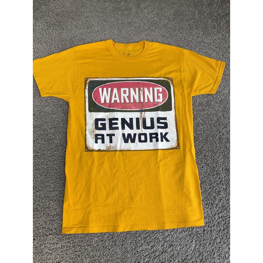 Return To Sender Shirt Mens S Yellow Warning Genius At Work Graphic Tee Tagless